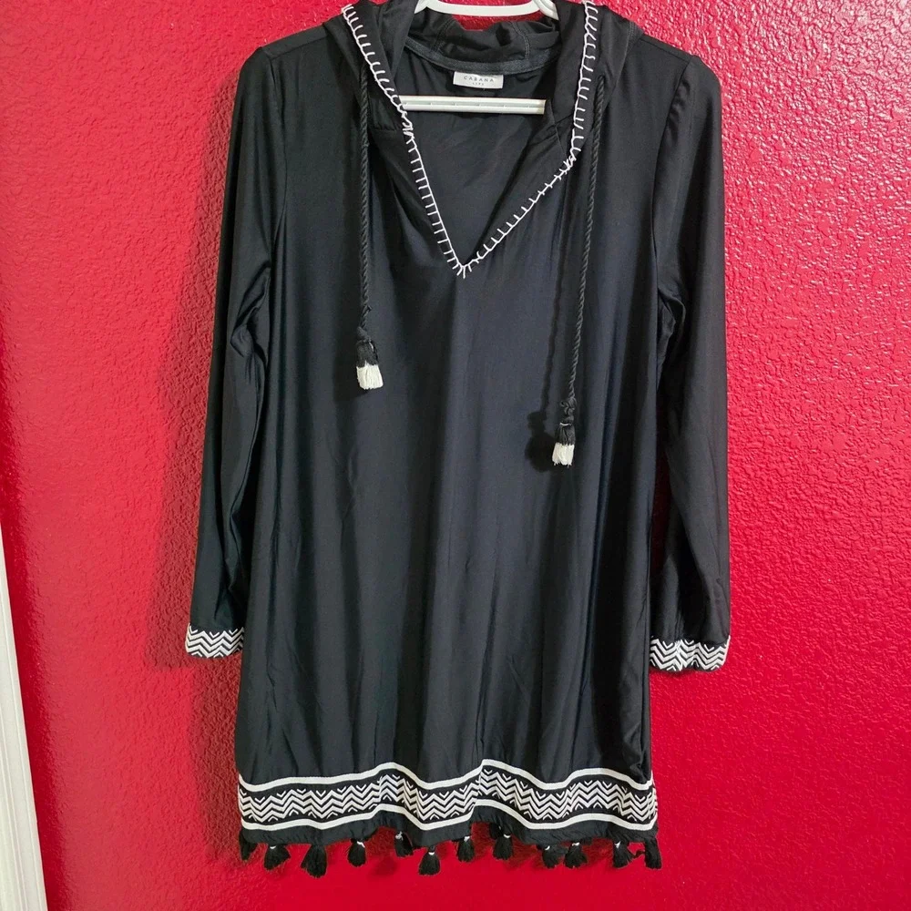 Cabana Life Women Large Hooded Cover Up Black White Tassel Boho Beach Resortwear